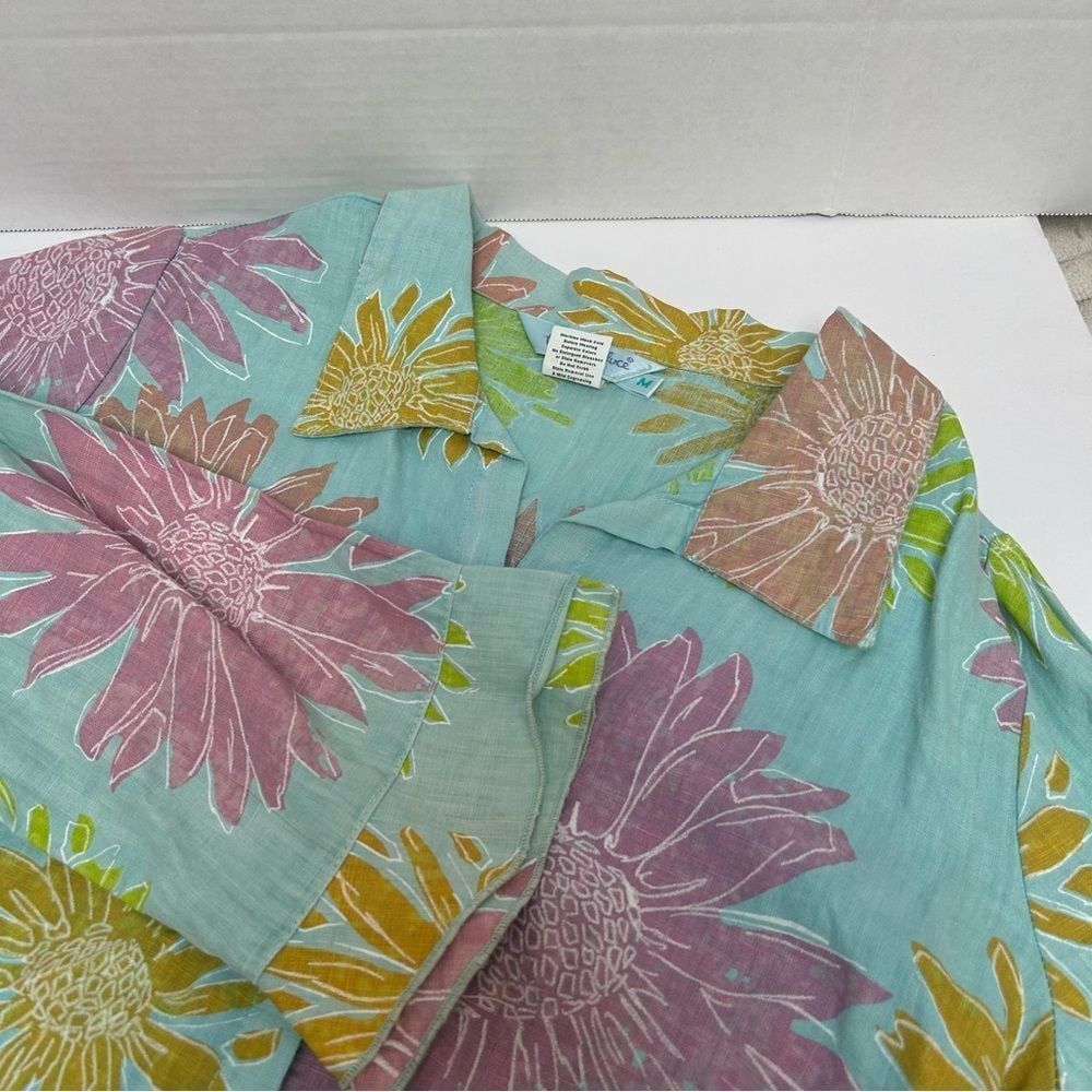 Fresh Produce Turquoise Floral Top Blouse Tunic Size Medium Made in USA‎